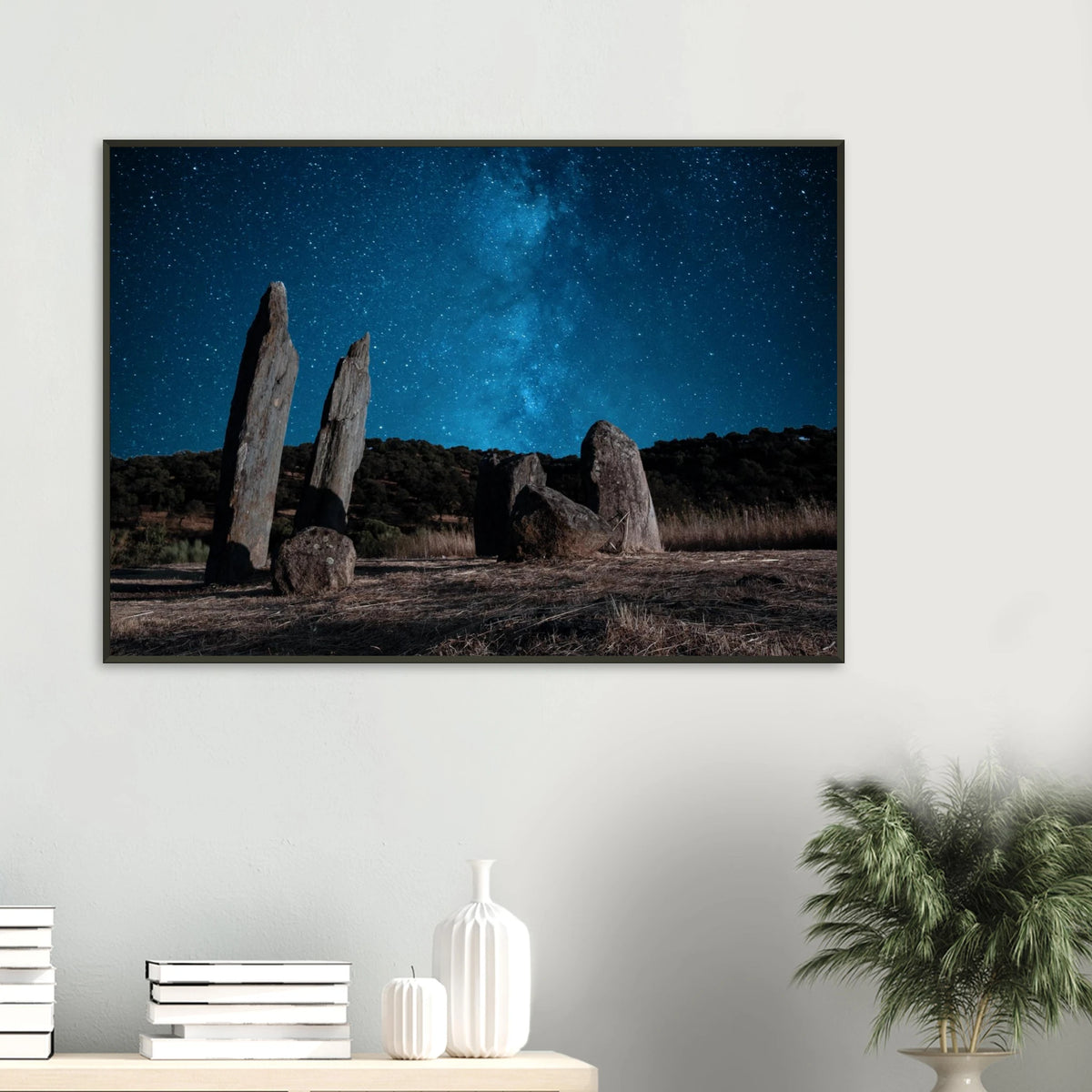 Night sky with the Milky Way over ancient menhirs in Sierra de Aracena, Huelva, Spain - Fine art astrophotography print by Paulo Côrte-Real
