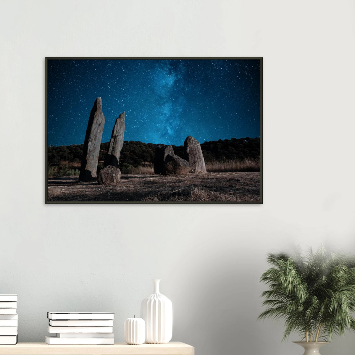 Night sky with the Milky Way over ancient menhirs in Sierra de Aracena, Huelva, Spain - Fine art astrophotography print by Paulo Côrte-Real
