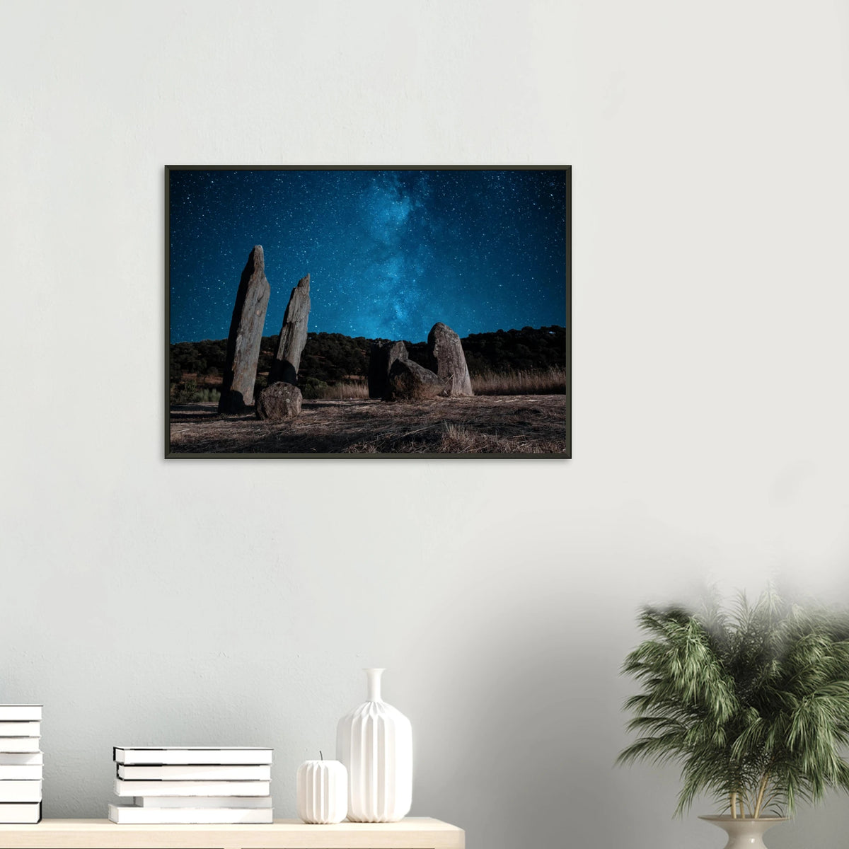 Night sky with the Milky Way over ancient menhirs in Sierra de Aracena, Huelva, Spain - Fine art astrophotography print by Paulo Côrte-Real