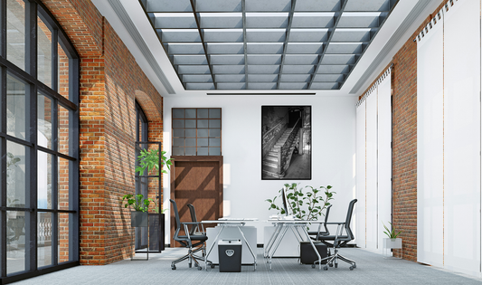 Elegant sweeping staircase inside a historic vintage building in Havana, Cuba - Fine art photography print by Paulo Côrte-Real